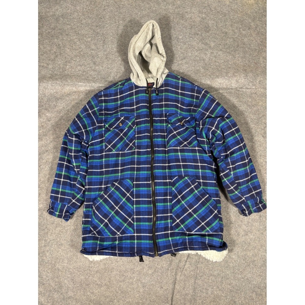 Arctic Wear Men's Plaid‎ Lined Hooded Jacket Blue Green White XL Sherpa Lined